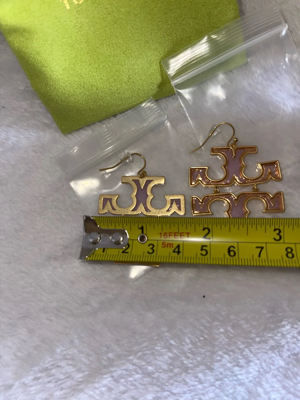Tory Burch Gold Logo Drop Earrings with Pink Enamel